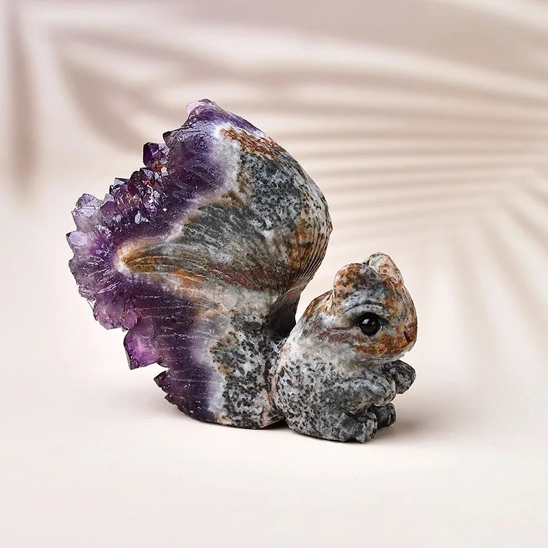 Hand-Carved Owl Hedgedog Squirrel Sculpture Natural White Crystal Uruguay Purple Amethyst Stone Mineral Specimen Decor