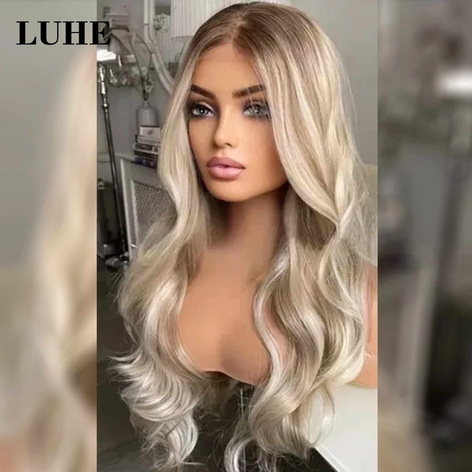 Ombre Ash Blonde Hoogtepunten 13x3 Synthetisch Haar Kant Voor Pruiken voor Vrouwen Bruine Wortels Natuurlijke Golf Kant Frontale Pruik Dagelijks gebruik