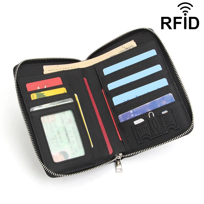 Unisex Genuine Leather RFID Blocking Travel Wallet with ID Window Zip Around Passport Holder Multi Card Slots Men Women Purse