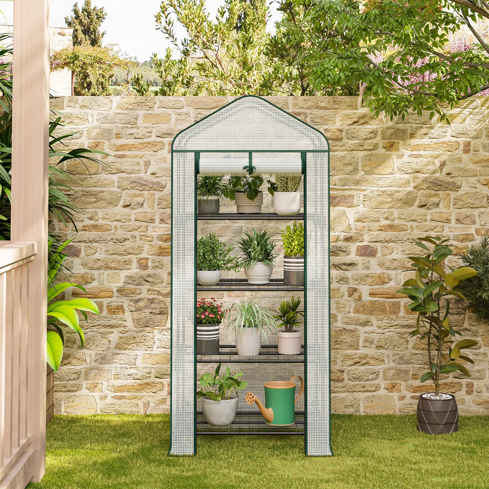 Garden Greenhouse  Plants Flowers House with Wheels Roll-Up Door 3 Shelves Winter Protection Outdoor