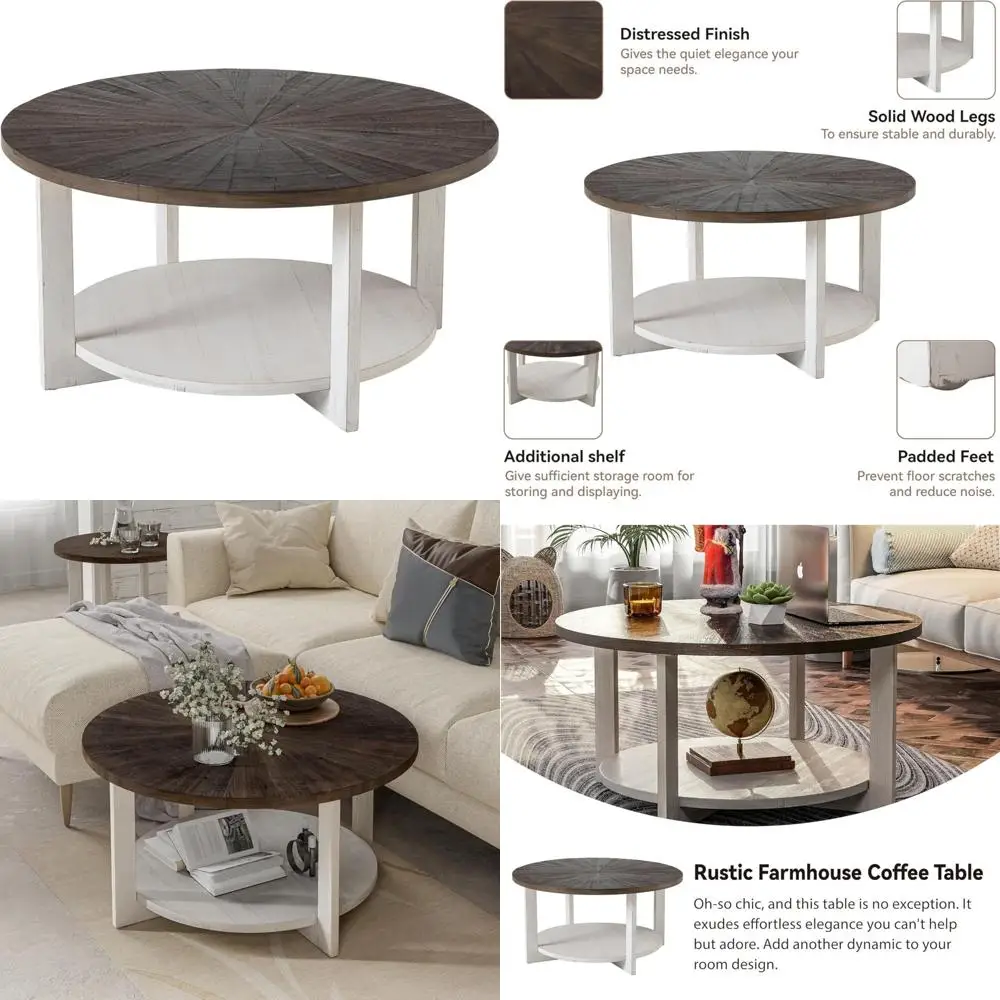 

Круглый журнальный столик в деревенском стиле со столешницей из потертого дерева для большой гостиной