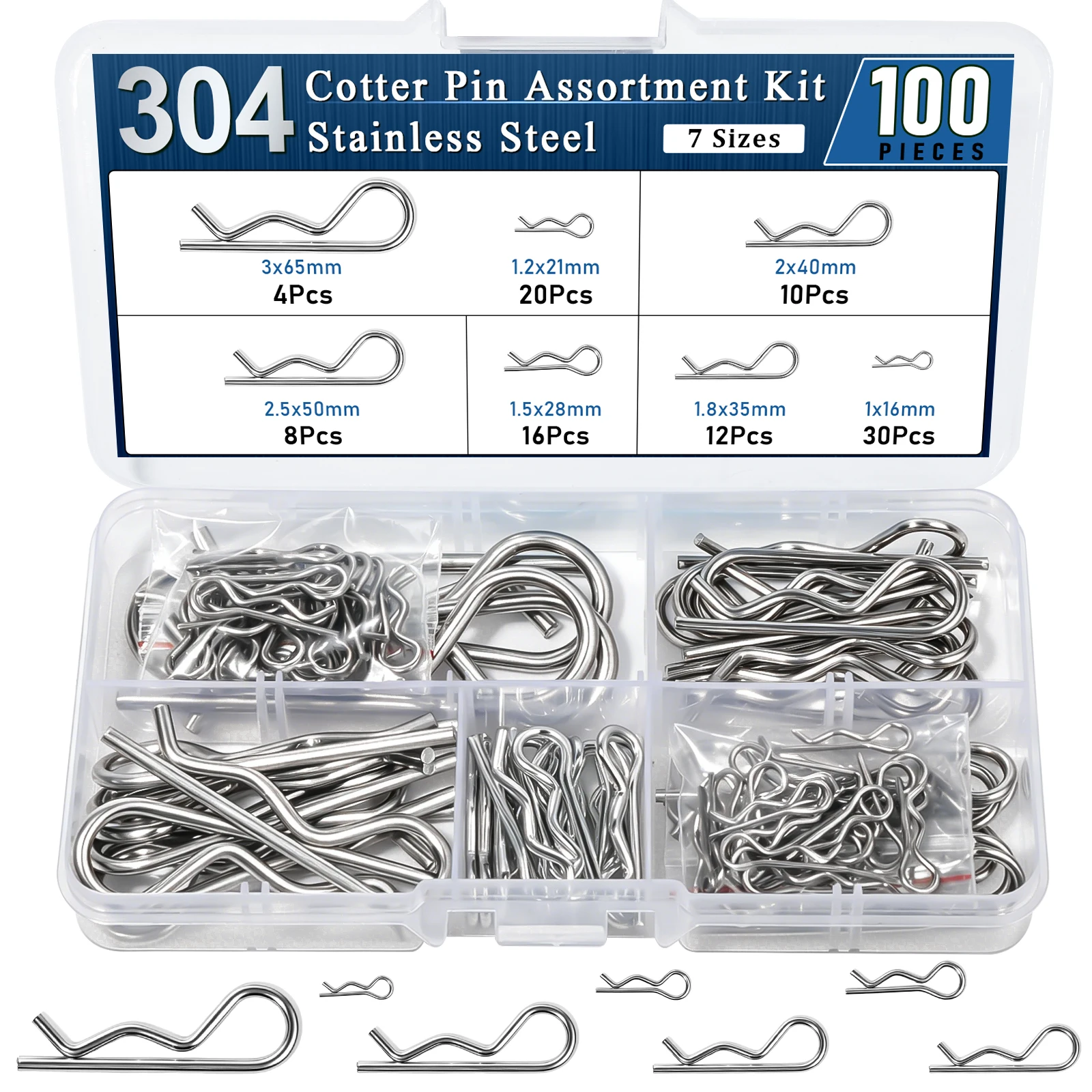 20/100pcs R Cotter Pins 304 Stainless Steel,7 Sizes Spring Fasteners Hitch Clips Pin Assortment Kit