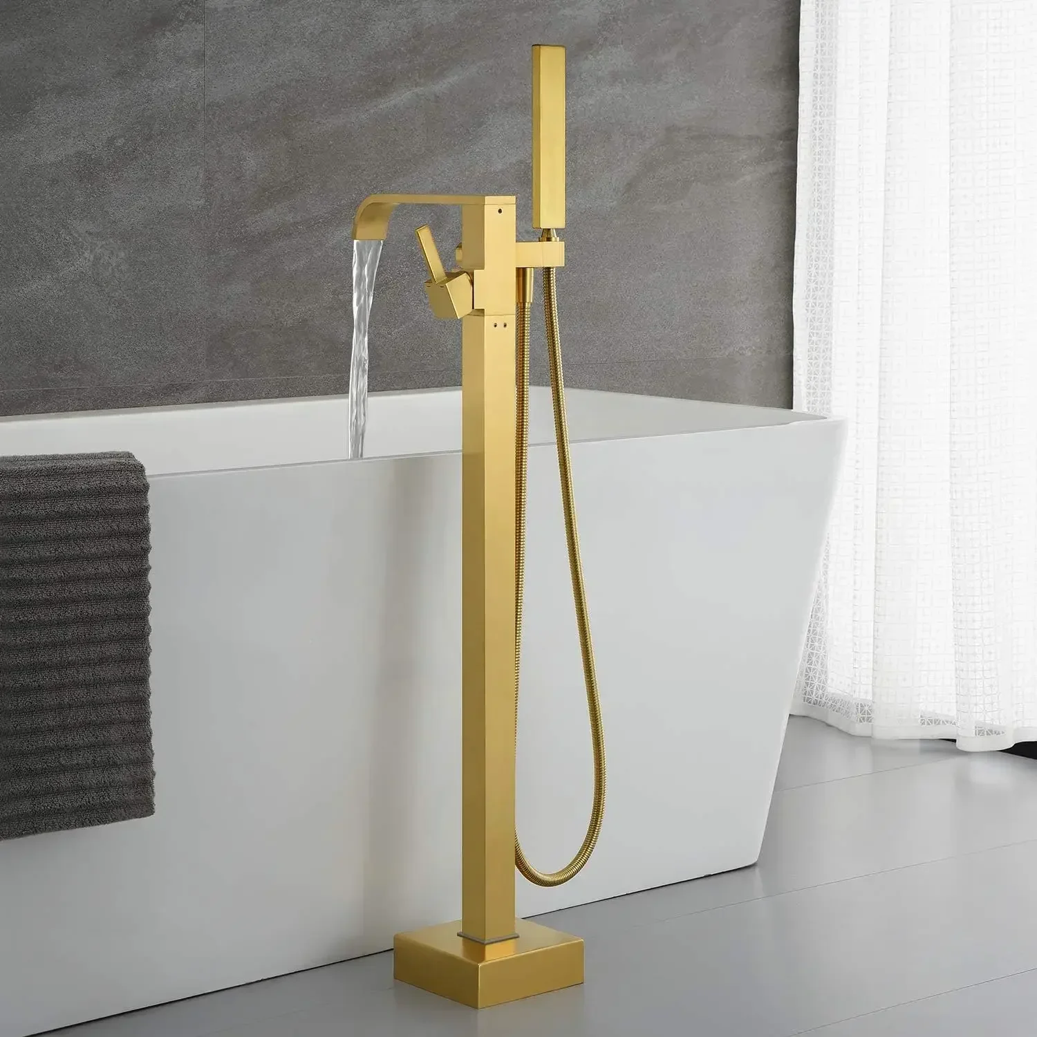 Freestanding Bathtub Faucet Tub Filler Brushed Gold Floor Mount Faucets Brass Single Handle with Hand Shower