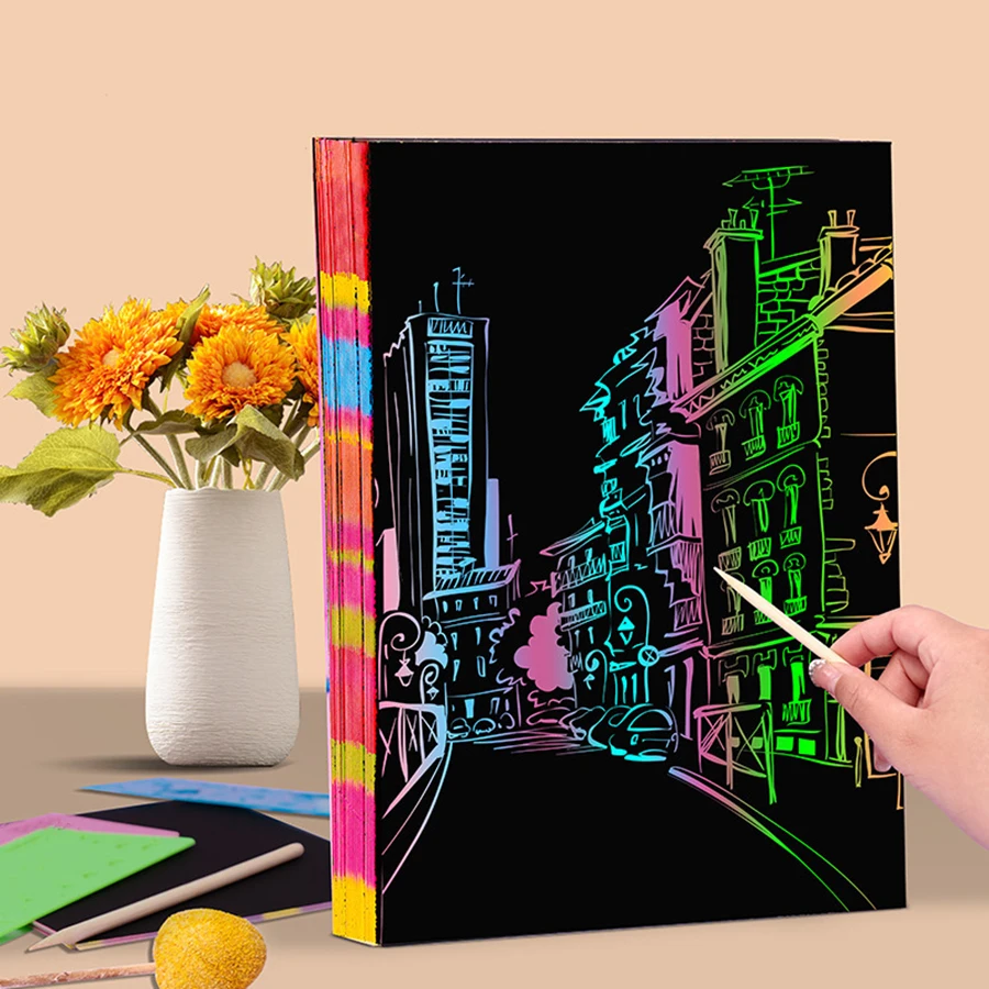 10/20/40pcs 32K Black Scratch Paper DIY Painting Scraping Paper with Bamboo Stick Colorful Drawing Paper Art Painting Kit