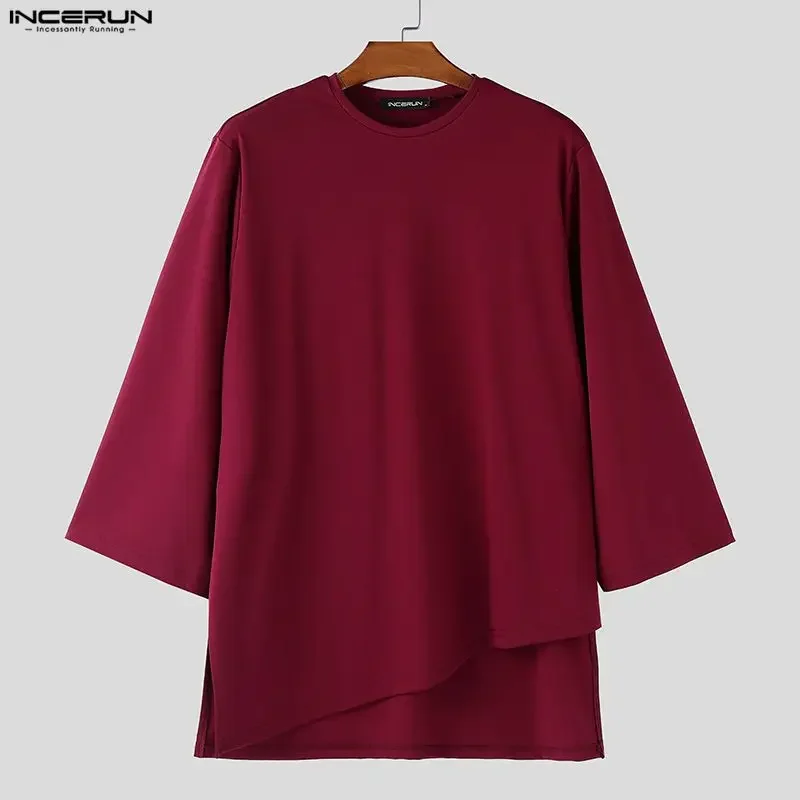 INCERUN Men Irregular T Shirt Solid O-neck 3/4 Sleeve Male Tee Tops Streetwear Loose Korean Style Fashion Casual Men Clothing