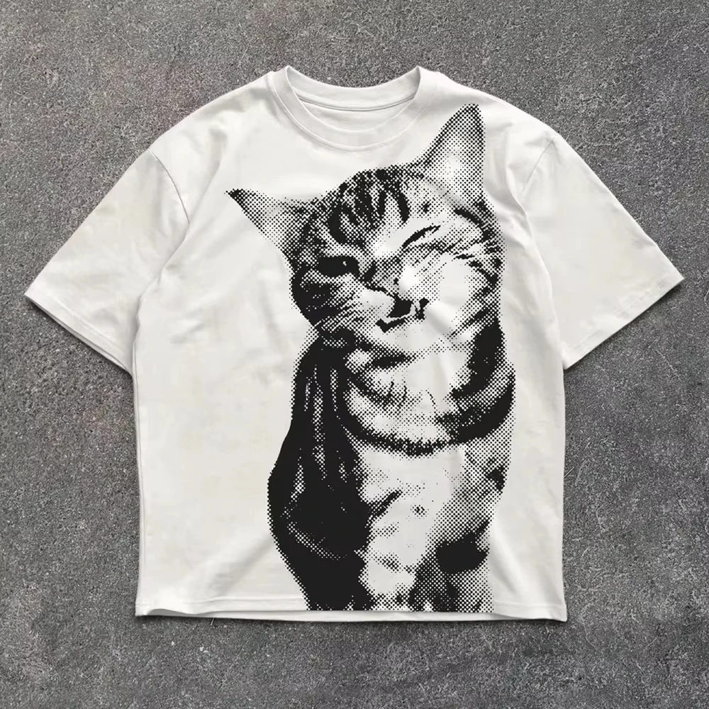 Camiseta infantil e juvenil com estampa de gatos em pixel art divertida para o verão, estilo oversized, soltinha, streetwear, vintage, retrô, Harajuku