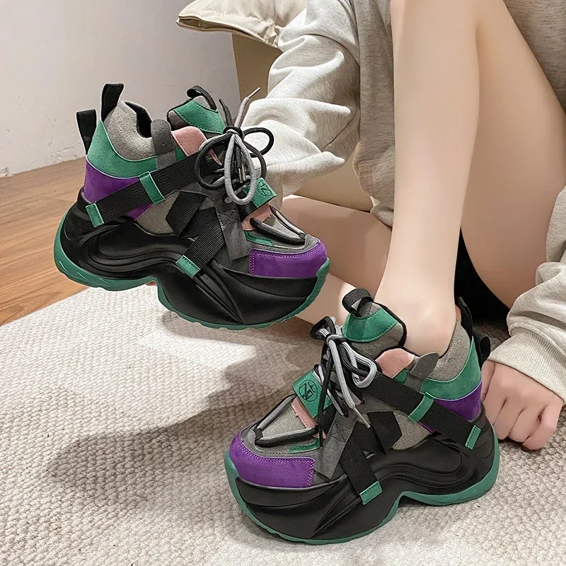 Autumn Winter Chunky Sneakers Women Lace Up Platform Sports Shoes Woman Goth 11CM Thick Bottom High Heels Female Wedges Sneakers