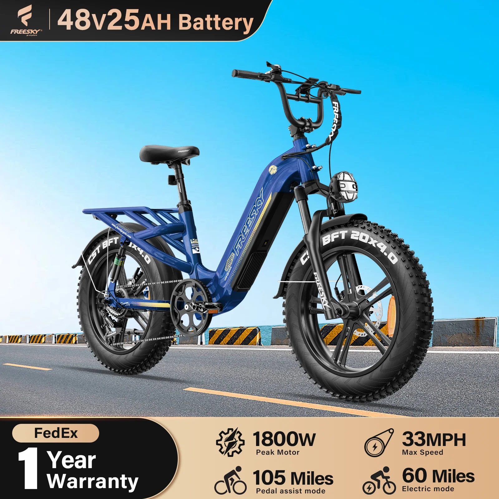 

FREESKY 1800W Step-Thru Electric Bike for Adults, 48V 25Ah Samsung Cell Battery 105 Miles & 33MPH Ebike, 20" Fat Tire E Bike