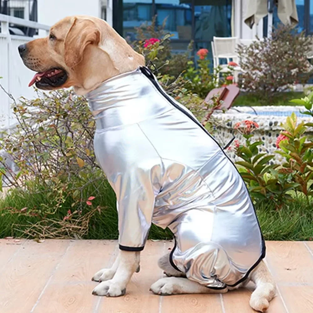 Waterproof Dog Jumpsuit, 4-Legged Silver Pet Bodysuit, Elastic Windproof Dog Space Suit, Adjustable Full Body Costume