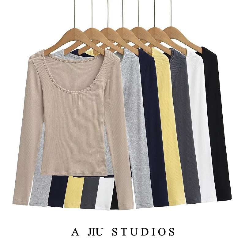 

Sexy Slim Fit Long Sve U-Ne T-irt Women's Color Versatile Elastic Base Layer irt Spring Faion Trend