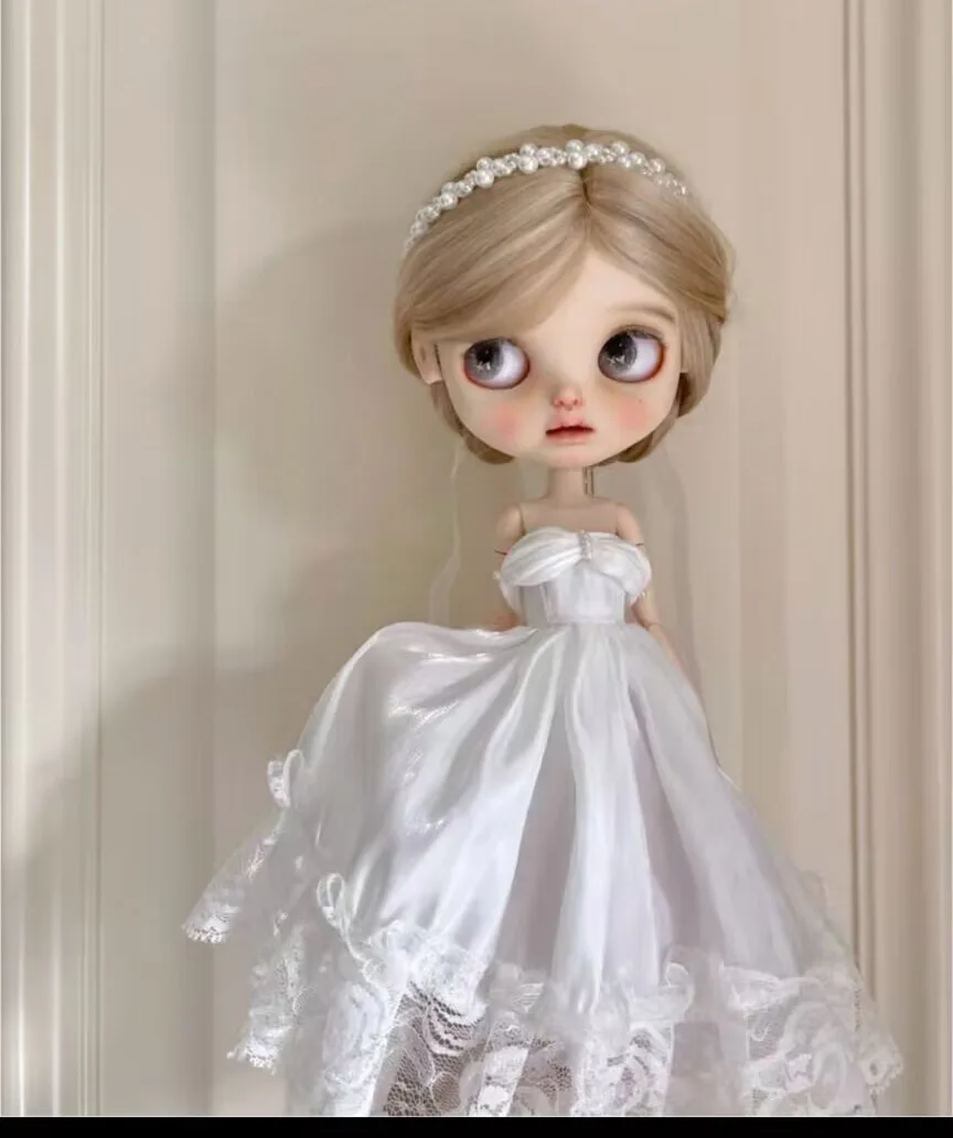 2025 classic 2pcs Blythe French one-piece dress/Pearl headwear white 1/6 30cm(Fit for azone,Pullip,Ob22/24/26, Licca)