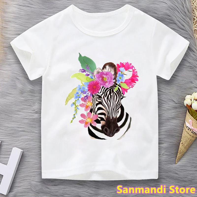 Funny Unicorn Zebra Flowers Animal Print T-Shirt Girls/Boys Children's Clothing Kawaii Kids Clothes Harajuku Shirt Summer Tops