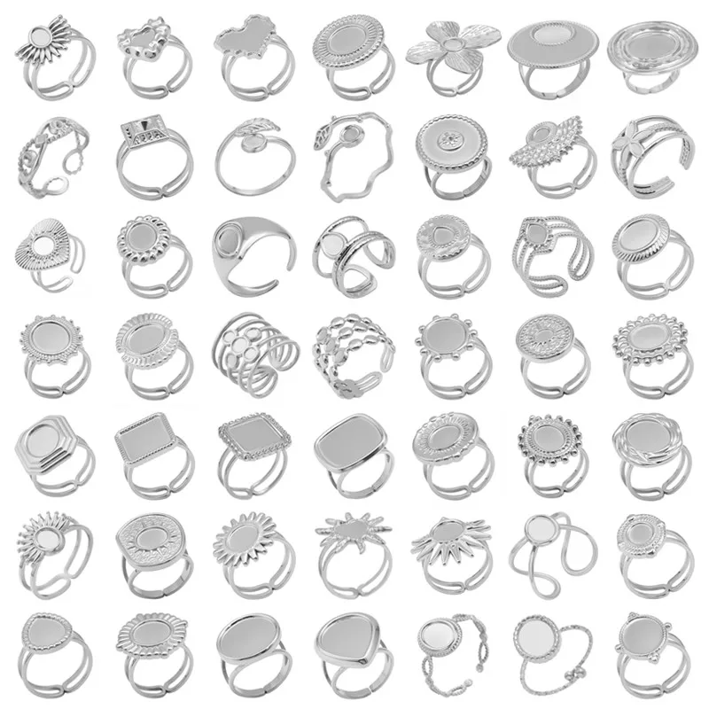 Geometric Round Oval Heart Blank Base Settings DIY Stainless Steel Rings For Women Men Accessories Adjustable Open Ring Jewelry