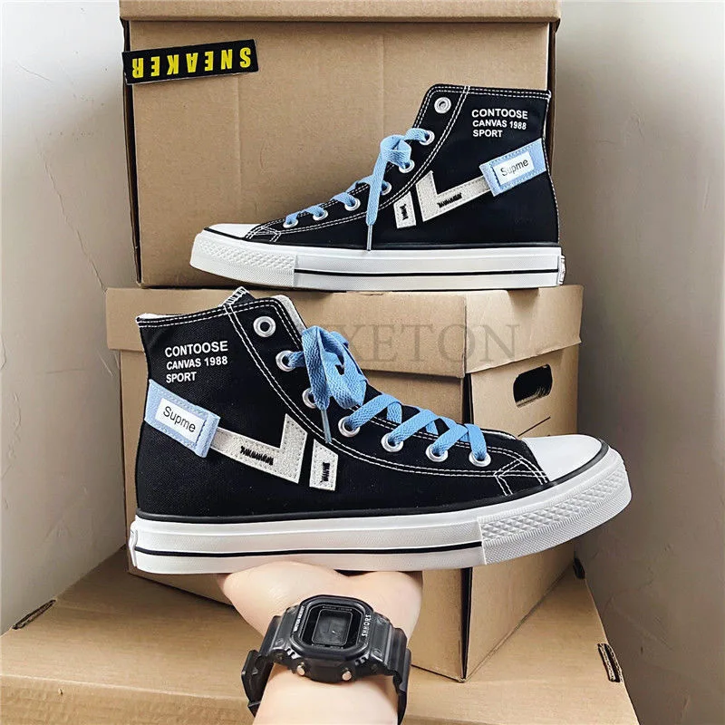 Summer Fashion New men Canvas Shoes High-top Canvas footwear Lace Up Casual Sneakers male Round Toe Cross-tied flat Shoes