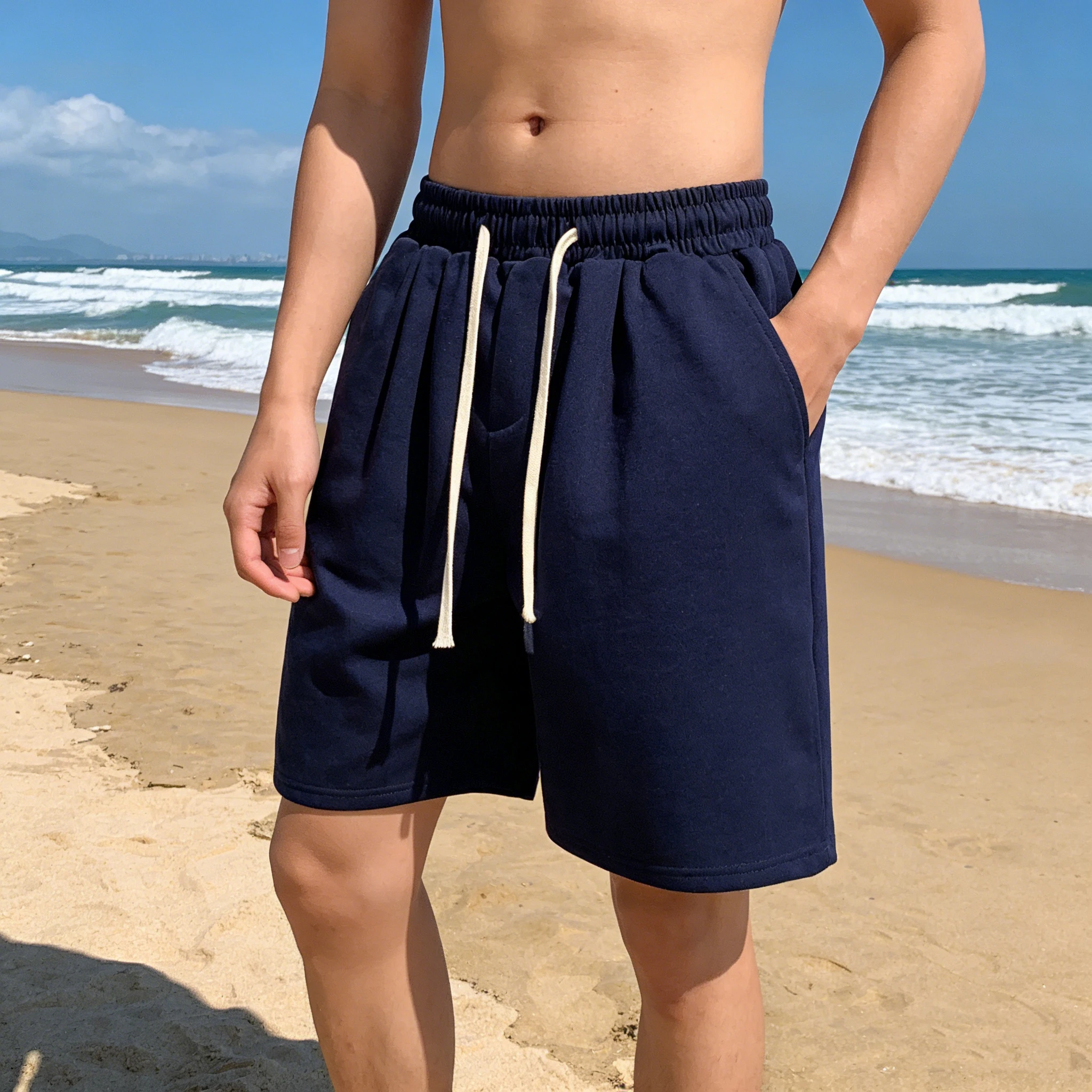 

Новые летние мужские повседневные шорты Solid Cool: модные черные шорты в корейском стиле для бега, хлопковые, на шнурке