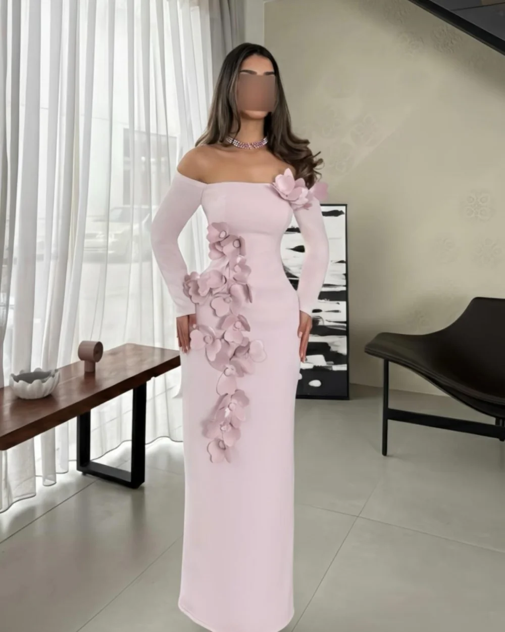 

Customized Elegant Women Jersey Handmade Flower Button Straight Evening Dresses Formal Off-the-shoulder Floor Lenght Party Gowns