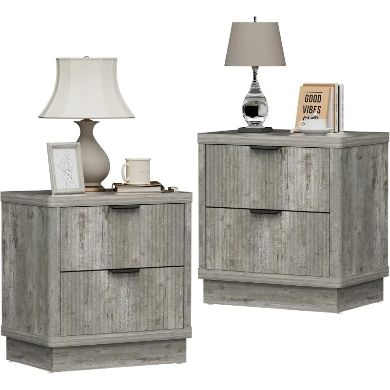 

24 inch Tall Nightstand, Farmhouse End Table with 2 Deep Drawers Bed Side Table, Large Chest of Drawers Fluted Design for Living