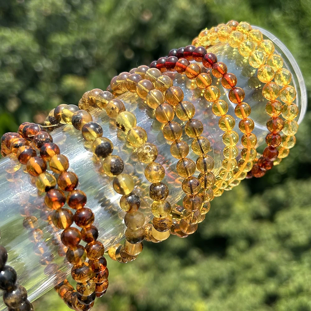 Natrural Genuine Baltic Flower Amber Bracelet Amber Faceted Round Beads Rought Size 5mm-7mm,For Women Bracelets Gift,Whit Defect
