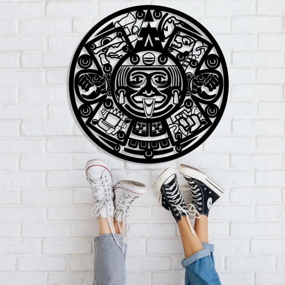 CIFBUY Wrought Iron Aztec Sun Stone Wall Art, Black Metal Calendar Decor, Boho Tribal Home Accent, Hollow Cutout Silhouette for