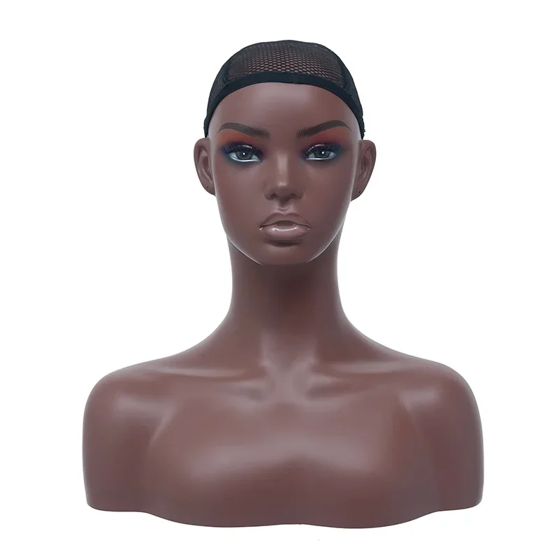 African American Manikin Head Realistic Female Mannequin Head with Shoulders Bust Wig Head Stand for Wigs Display