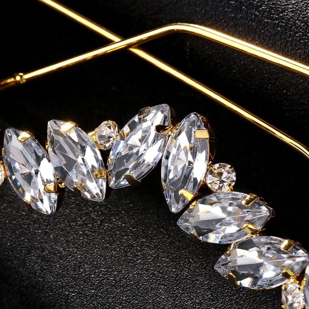 Crystal Rimless Statement Eyewear Clear CZ Rhinestone Leaf Half Face No Lens Glasses Carnival Wedding Club Party Costume