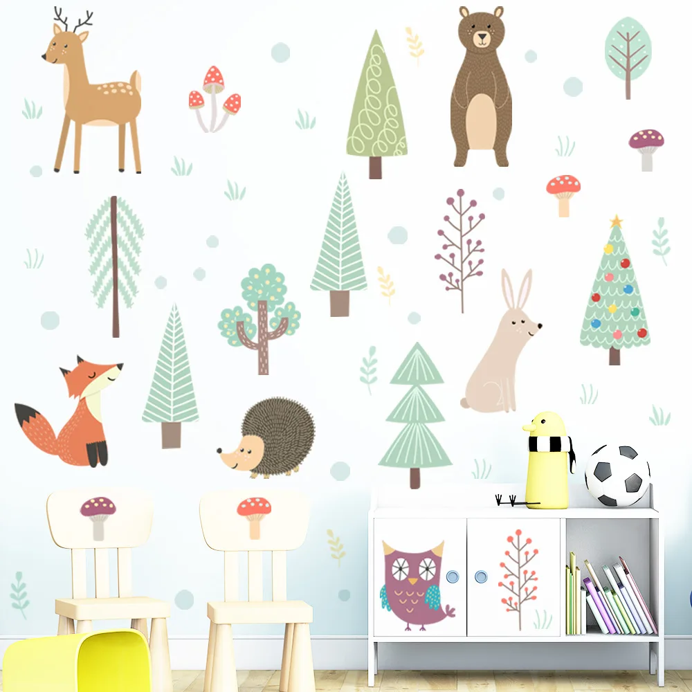 Nordic Cartoon Animals Wall Stickers Self-adhesive PVC Removable Wall Decals Kids room Bedroom Nursery Wall Decoration Art Mural