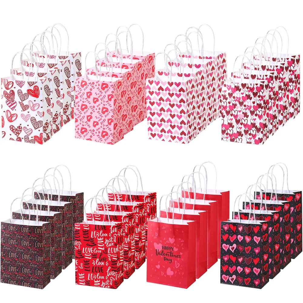 8/16/24/32/40pcs Paper Valentine's Day Gift Bags with Handles Heart Love Kraft Paper Bags Weddings Engagements Party Decorations