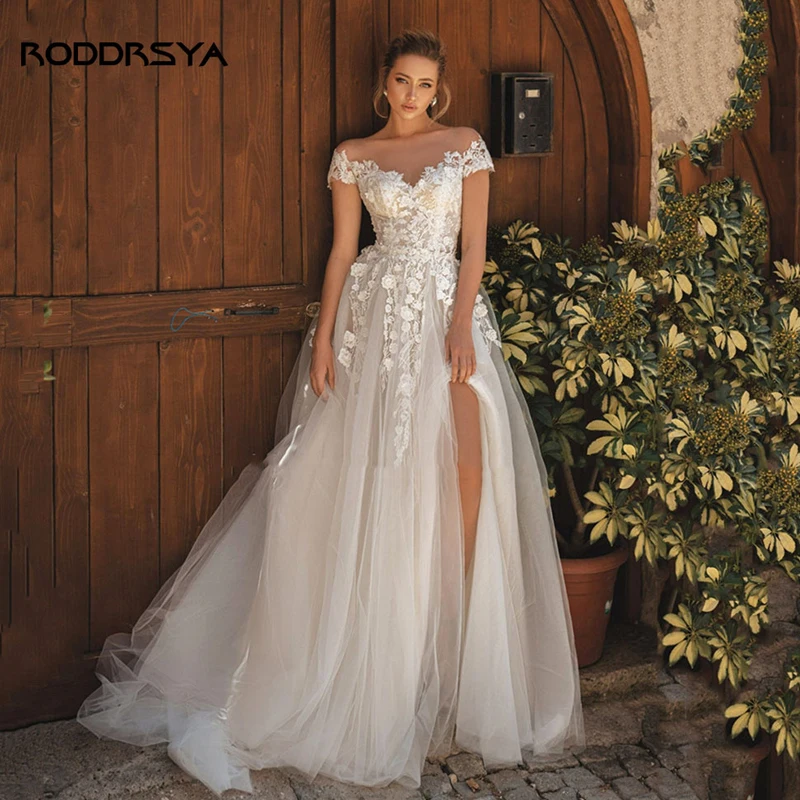 RODDRSYA Beach Wedding Dresses For Women 2023 Tulle Lace Applique Bridal Gown High Slit Sexy vestidos de novia playa Custom Made