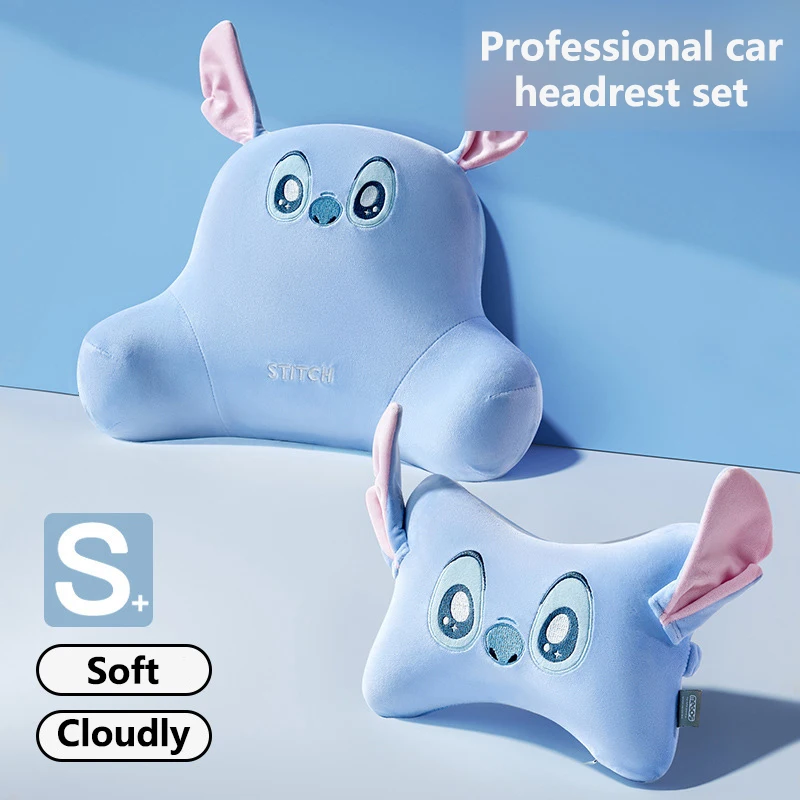 Almohada de cuello para coche de dibujos animados Stitch/Lotso, cojín de espuma viscoelástica para reposacabezas, soporte lumbar suave para asiento de coche, almohada universal para reposacabezas de coche