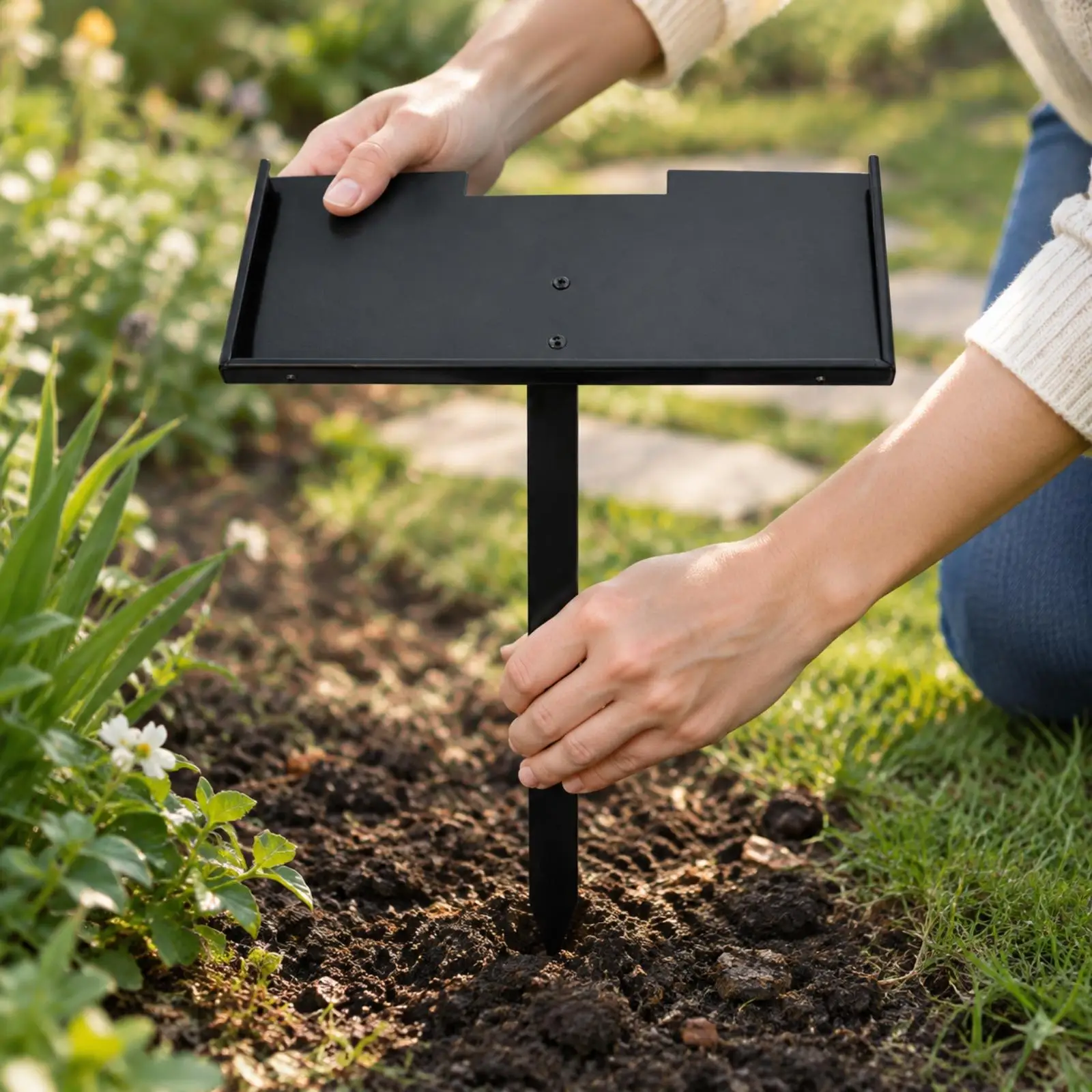 Black Iron Memorial Marker Holder Metal Memorial Plaque Holder with Pointed Stake Sturdy Outdoor Grave Marker Stand with