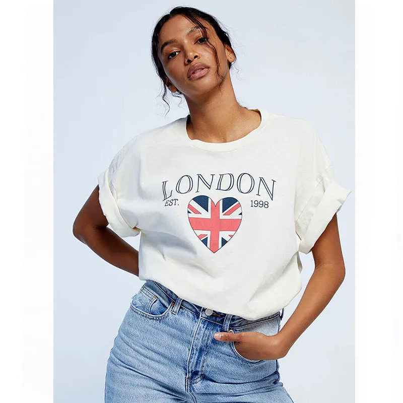 I Love London EST 1998 Letters Printing Lady's Retro White T Shirts Short Sleeve Cotton Loose Summer Top 90s Women Casual Tees