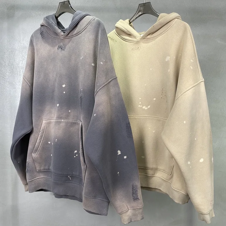 Street Wear gesprenkelte Tinte gerieben Kapuzen pullover mit Kapuze Mode Sinn Distressed Wintermantel Herren und Damen Baggy Wasch kleidung – Detail 7