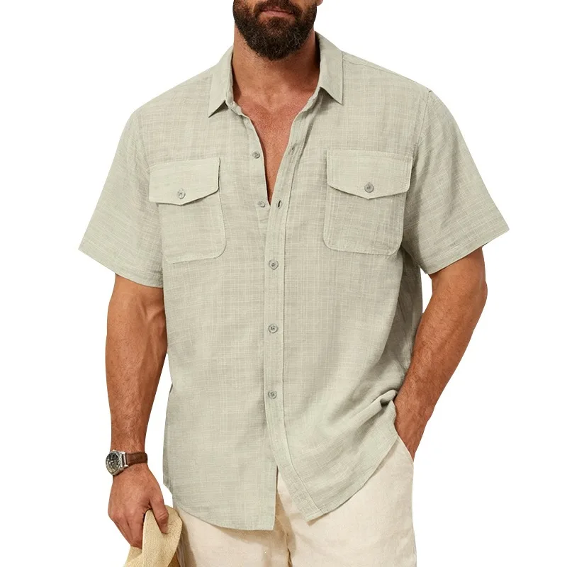 Men's Work Shirt Short Sleeve Double Pocket Lapel Loose Fit Lightweight Breathable White Summer Casual Utility Top Shirt for Men