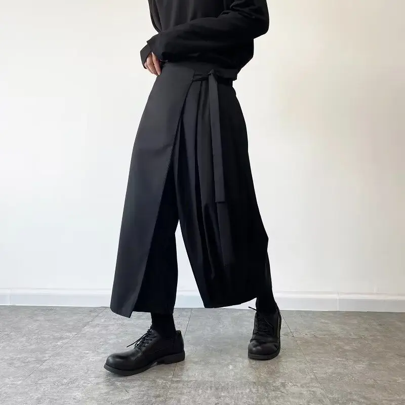 Y2K Black Men's Wide-Leg Draped Skirt Pants Harajuku Samurai Hakama Pants Unisex Japan Design YY Casual Chic Trousers Women Men