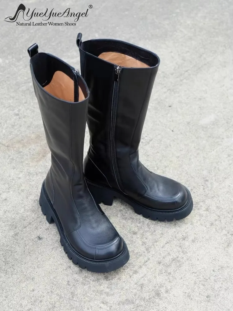 Handmade Women Cowskin Genuine Leather Boots Zipper Round Toe Knight Long Boots Lady High Street Punk Motorcycle Platform Shoes