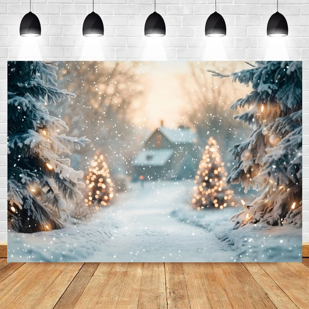 Winter Backdrop Outdoor Scenery Snowfield Snowy Pine Forest Little House Art Portrait Photography Background Decor Photostudio