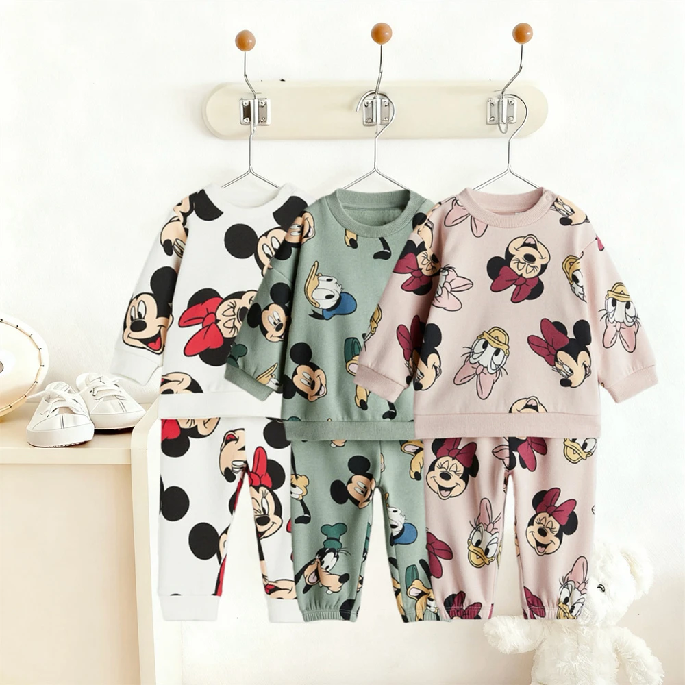 بدلات مطبوعة بالكامل للبنين والبنات بلوزات كرتونية + سراويل 2 قطعة أزياء الخريف للأطفال ميني ميكي ملابس لطيفة بأكمام طويلة