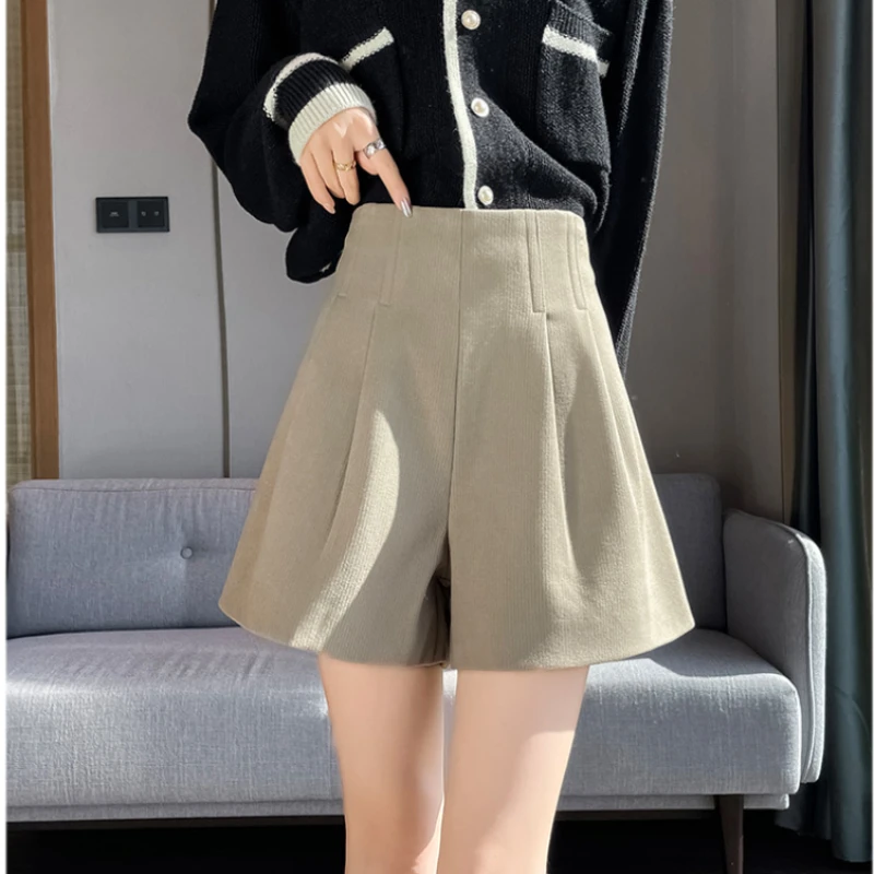 Autumn and Winter Women Shorts High Waist A-line Solid Color Thin Korean Style Office Lady Loose Casual Basics Shorts Female