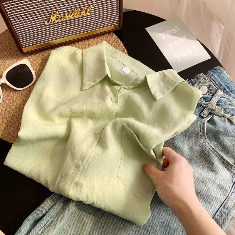 

Natural High-end Mixed Tinsel Linen Long-sleeved Clean Color Shirt for Women Spring and Summer Loose Casual Japanese Style