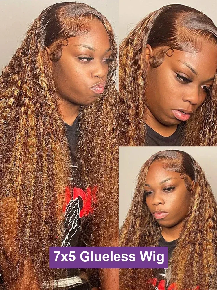 Loose Deep Wave Glueless Wig Human Hair Ready To Wear 13x6 Lace Closure Curly Highlight Ombre 4/27 Preplucked Hairline Pre Cut