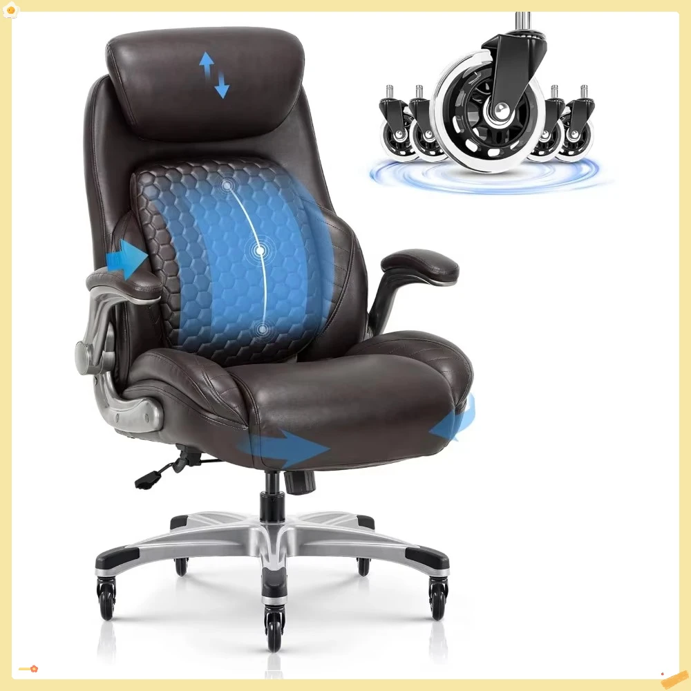 Executive Office Chair: Adjustable Headrest & Lumbar Support | Thick Cushion & Flip-Up Arms | Ergonomic for Long Hours | Brown
