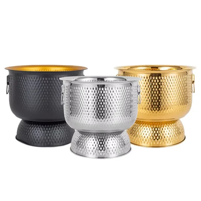 Large hammered stainless steel ice bucket with base for wine coolers in bars, parties, and restaurants