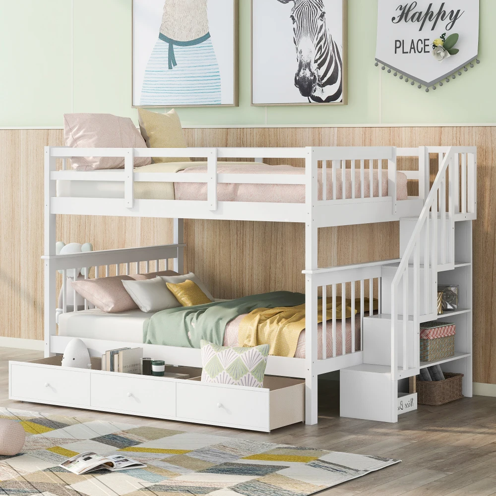 

Stairway Full-Over-Full Bunk Bed with Drawer, Storage and Guard Rail for Bedroom, White