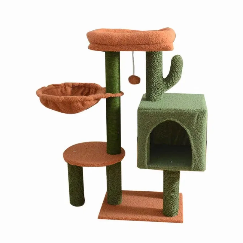 Red cream striped cat tree, tall sisal transparent acrylic bowl-shaped cabin, multi-layer platform, suitable for large cats