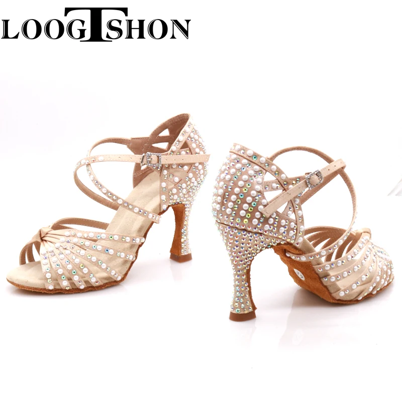 Loogtshon Satin Dance Shoes Crossed Straps 7 Bands Covered with 2D Crystal Rhinestones Suitable for Various Occasions