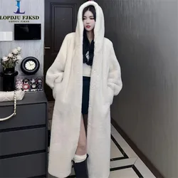 Single Breasted Faux Mink Fur Coat for Women,Hooded Long Jacket,Thick Warm Clothes,England Style,Autumn and Winter, 2024