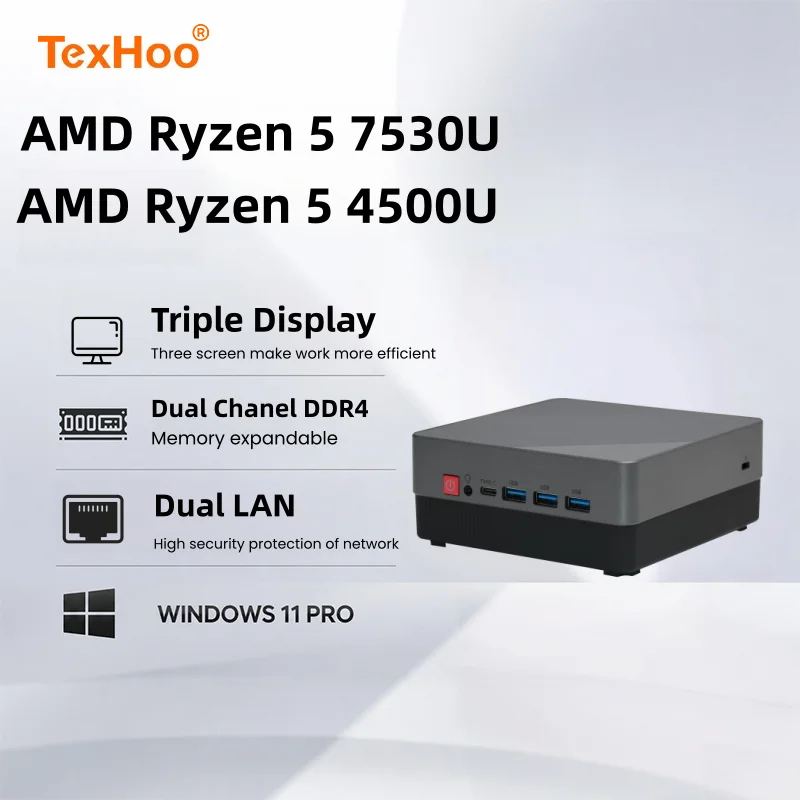 TexHoo MINI PC AMD R7 7730U Ryzen 5 7530U 4500U Dual DDR4 WIFI6 LAN*2 1*DP 2*HDMI 3 Display Desktop Computer Windows11 3xUSB3