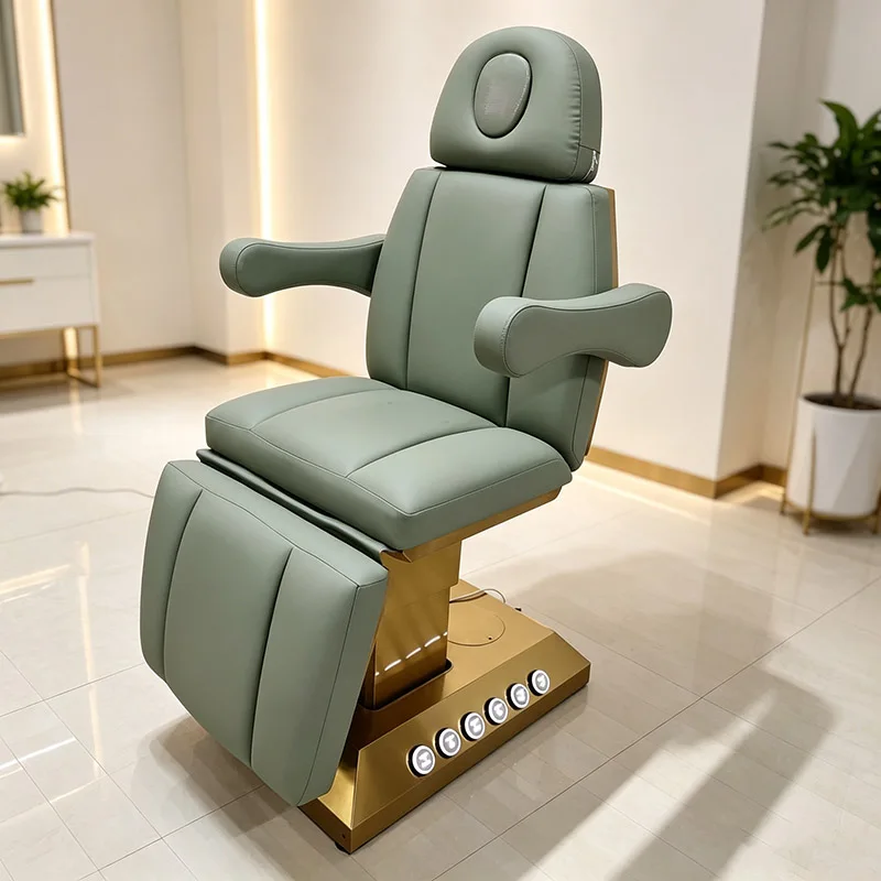 3 Motor Green Electric Beauty Chair, Gold Base Reclining Facial Treatment Chair With Face Cutout