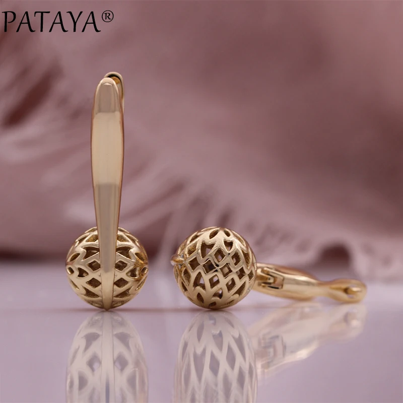 PATAYA Unique Glossy Ball Drop Earrings for Women Fashion Hollow Pattern Champagne Gold Color Retro Ethnic Daily Jewelry