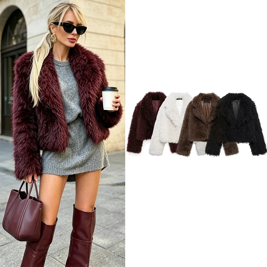 Women Casual Chic Bordeaux Faux Jackets Women Long Sleeve Short Thick Soft Coats Fashion 2026 Autumn Winter Lady Outwears
